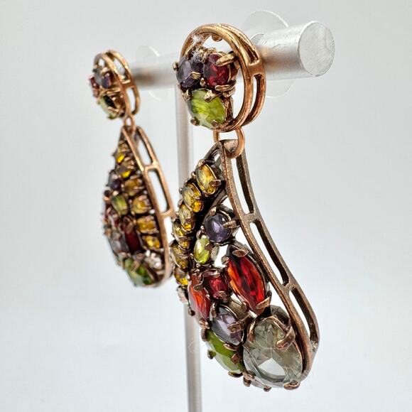 PJM China Colorful Glass Rhinestone Paisley Drop Big Statement Earrings Signed - Picture 4 of 14